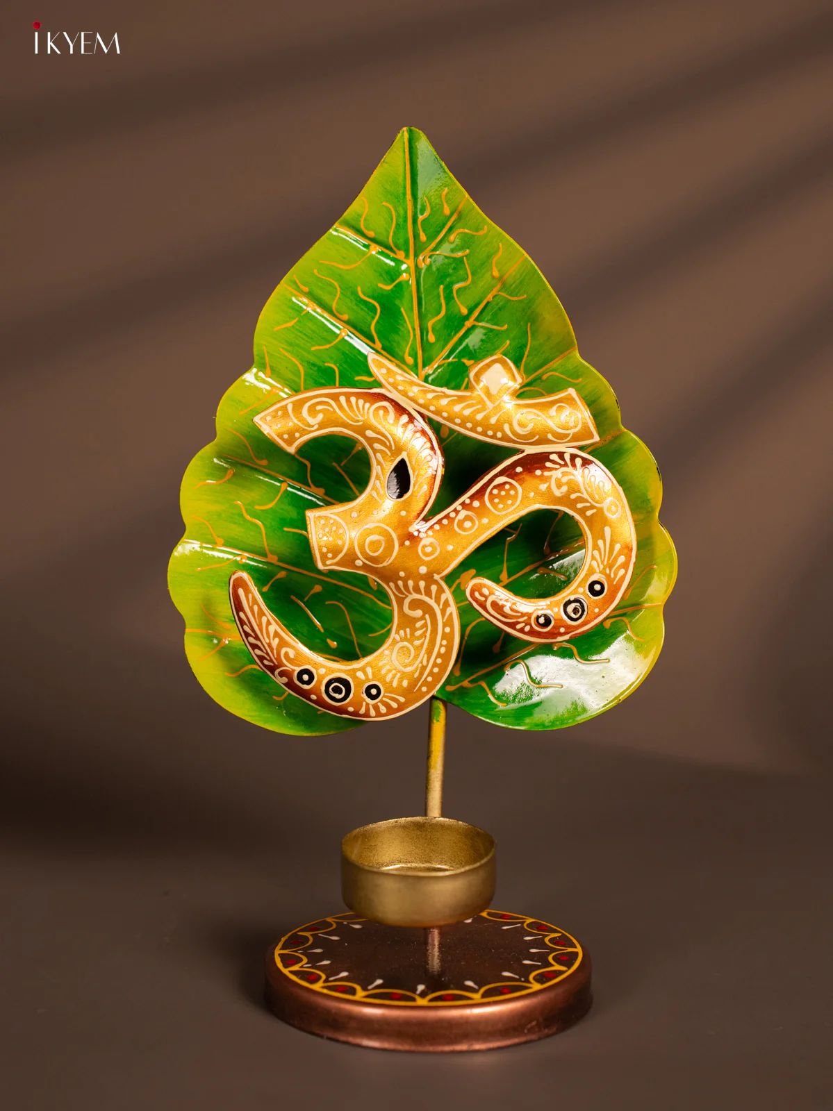 Hand-Painted Om Leaf Metal T-Light Candle Holder - Green - 10 Inch - KH16115