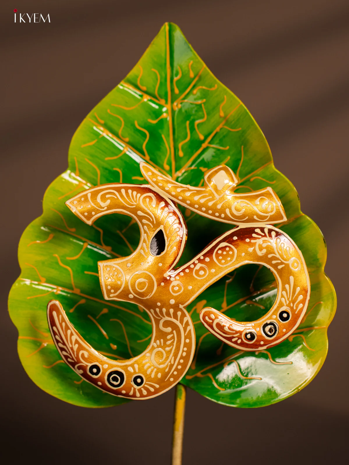 Hand-Painted Om Leaf Metal T-Light Candle Holder - Green - 10 Inch - KH16115 - Image 2