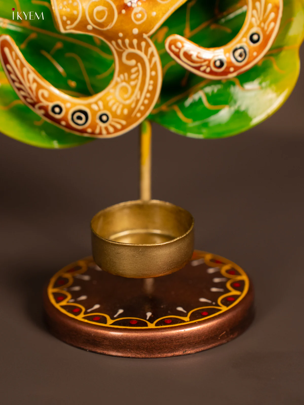 Hand-Painted Om Leaf Metal T-Light Candle Holder - Green - 10 Inch - KH16115 - Image 3