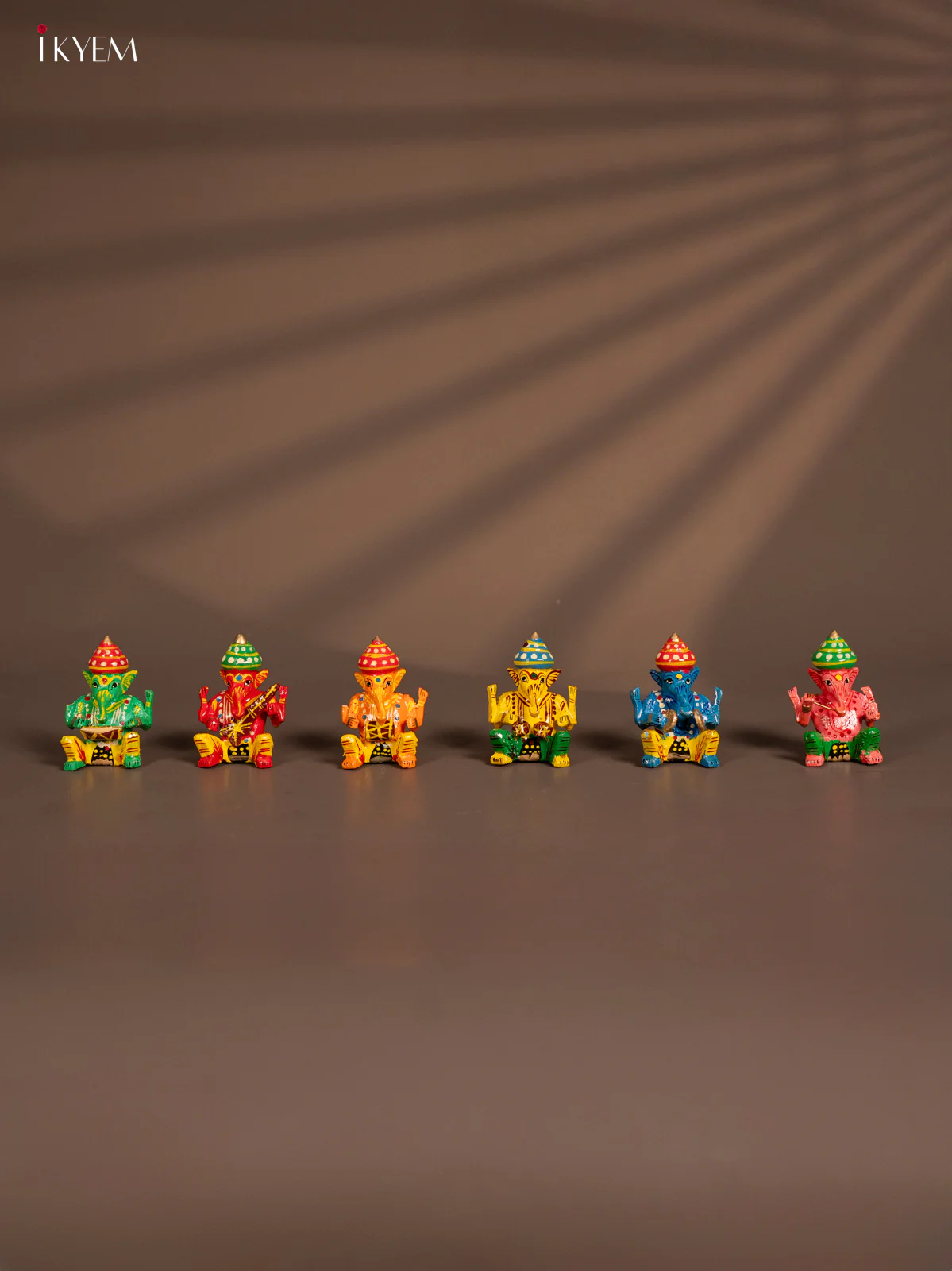 Wooden Kondapalli Hand Painted Set of 6 Small Sitting Musical Ganesh - KH18133