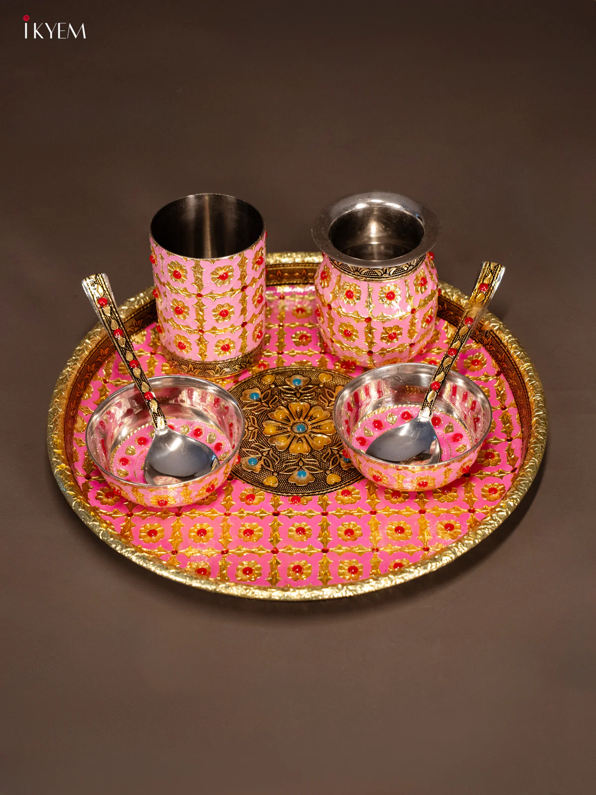 Meenakari Pooja Thali Set - Pink - (10.5×10.5) Inches- KH21212