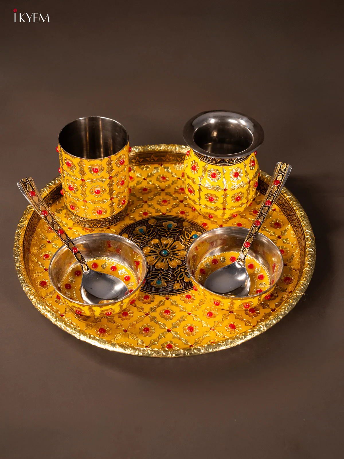 Meenakari Pooja Thali Set - Yellow - (10×10) - Inches - KH21214
