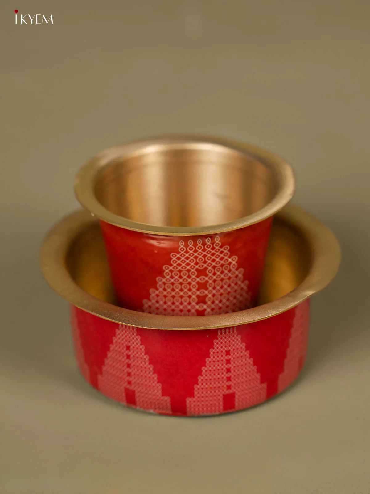 Gopuram Kolam Digital Printed Brass Coffee Dabara Set - Brick Red - KH22113