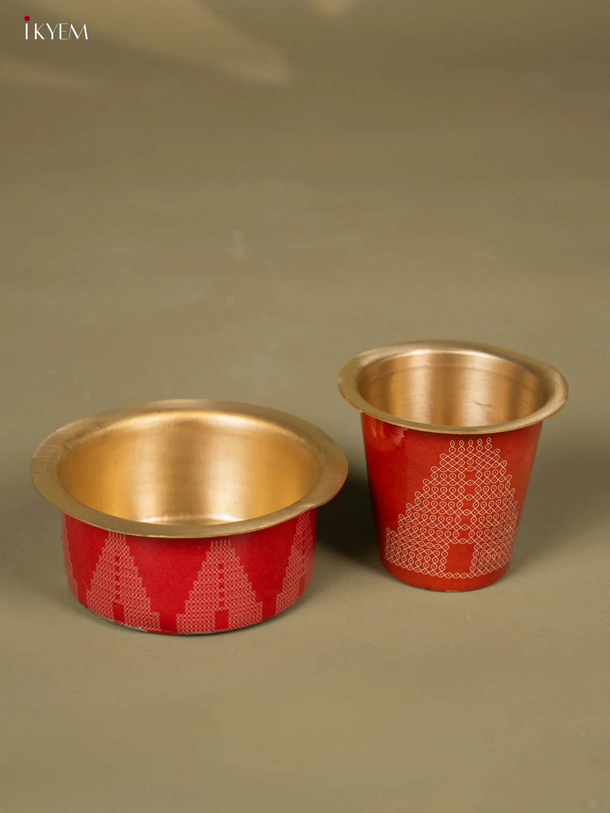 Gopuram Kolam Digital Printed Brass Coffee Dabara Set - Brick Red - KH22113 - Image 2