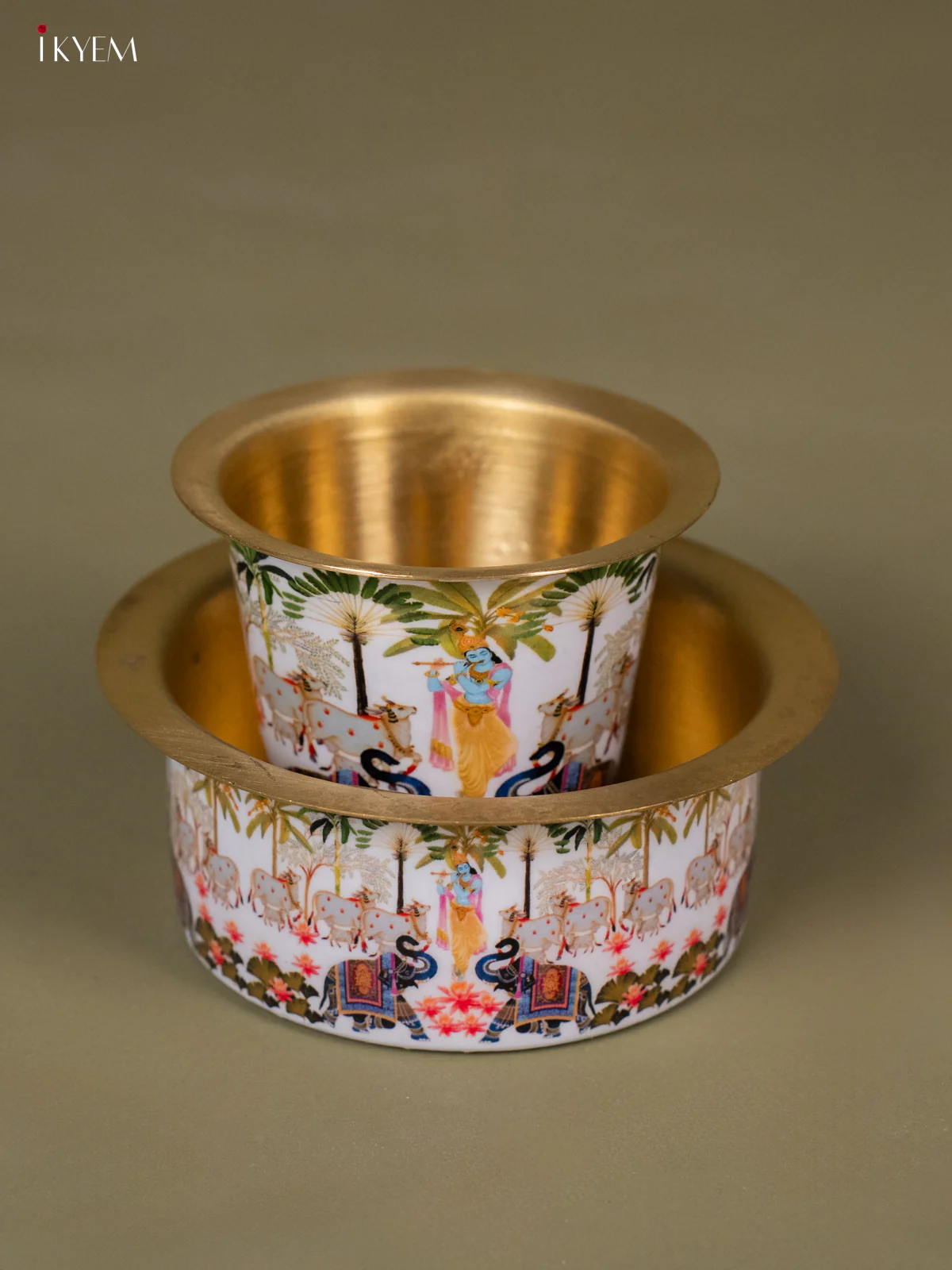 Krishna Digital Printed Brass Coffee Dabara Set - White - KH22115