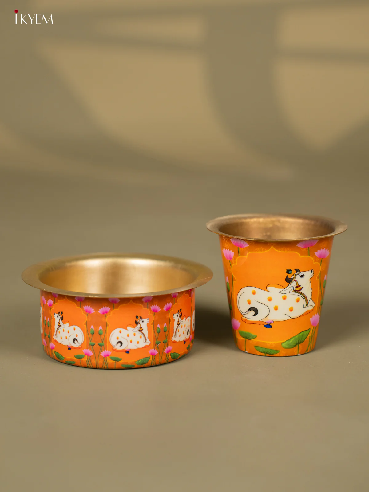 Pichwai Cow Digital Printed Brass Coffee Dabara Set - Yellow - KH22116 - Image 2