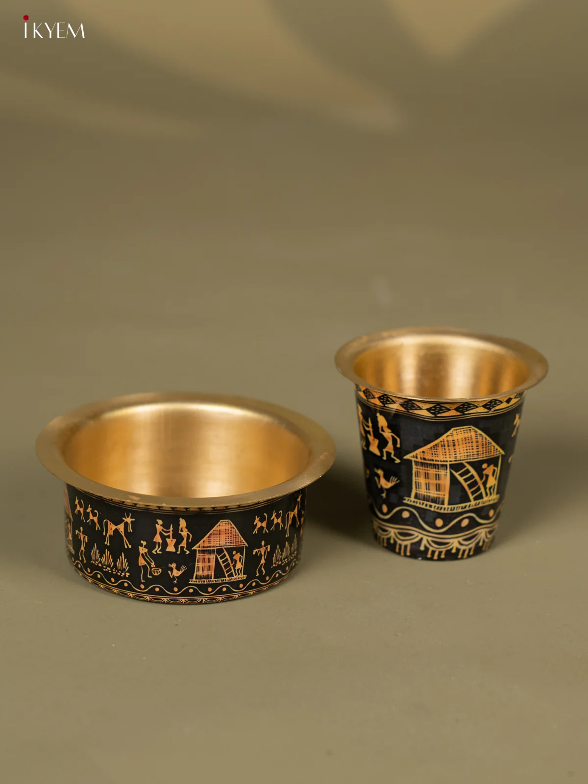 Warli art Digital Printed Brass Coffee Dabara Set - Black - KH22121 - Image 2