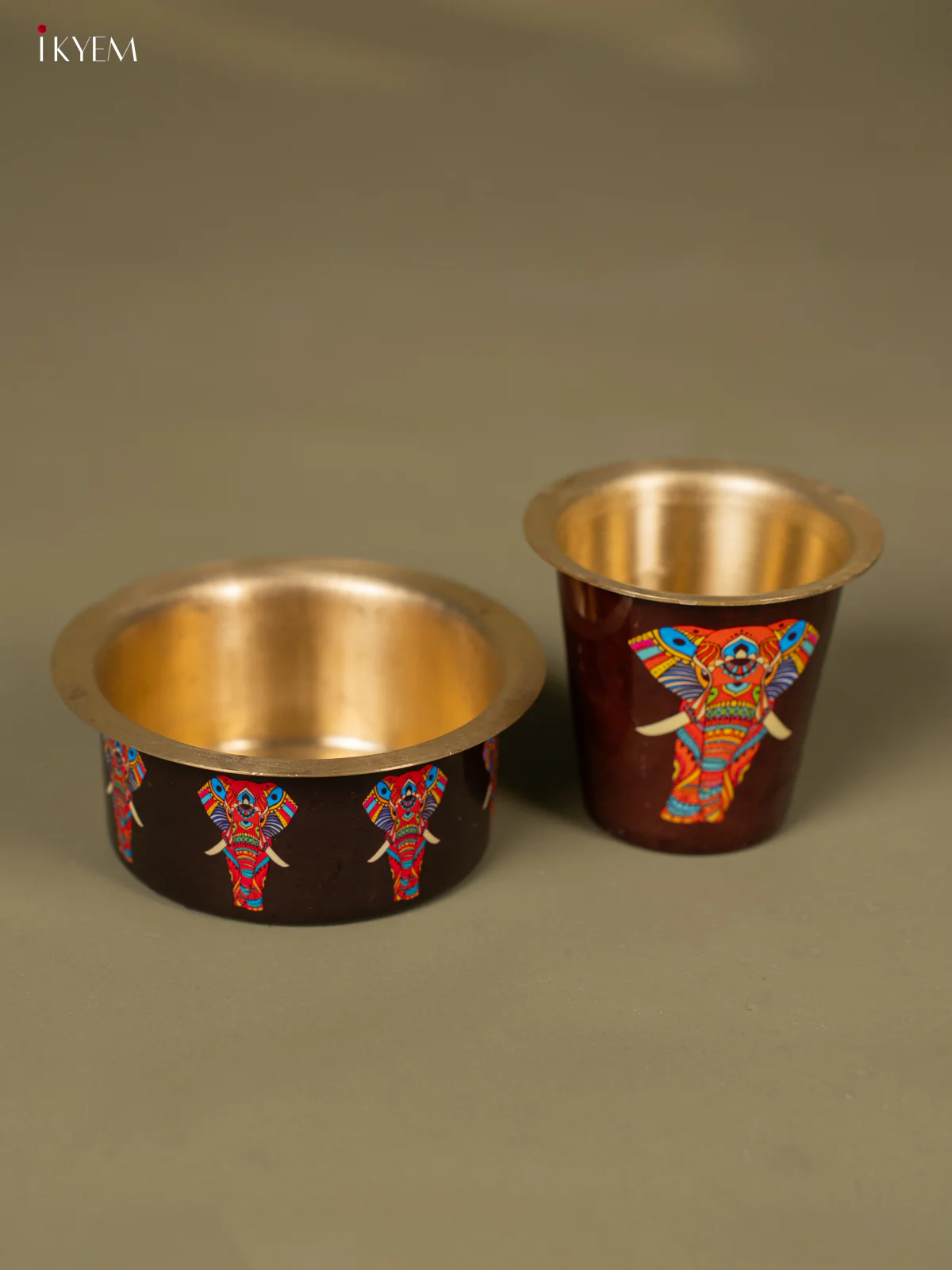 Elephant Digital Printed Brass Coffee Dabara Set - Brown - KH22122 - Image 2
