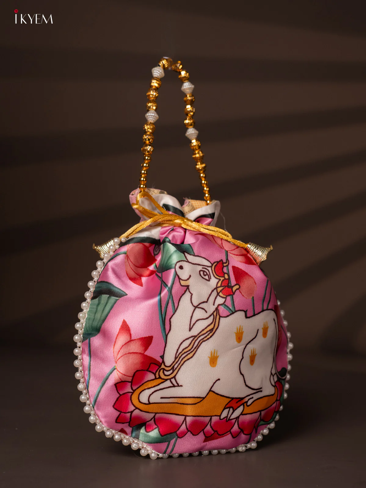 Designer Potli Bags with Beautiful Pichwai Cow Print - Baby Pink - KH22162 - Image 2