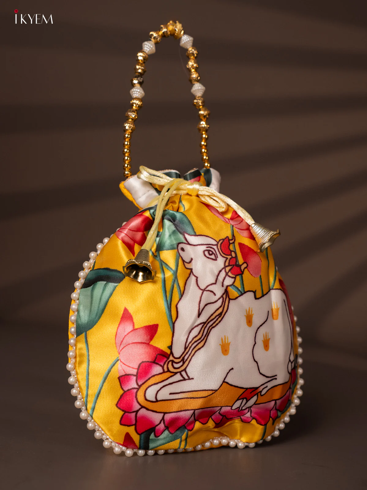 Designer Potli Bags with Beautiful Pichwai Cow Print - Yellow - KH22163 - Image 2