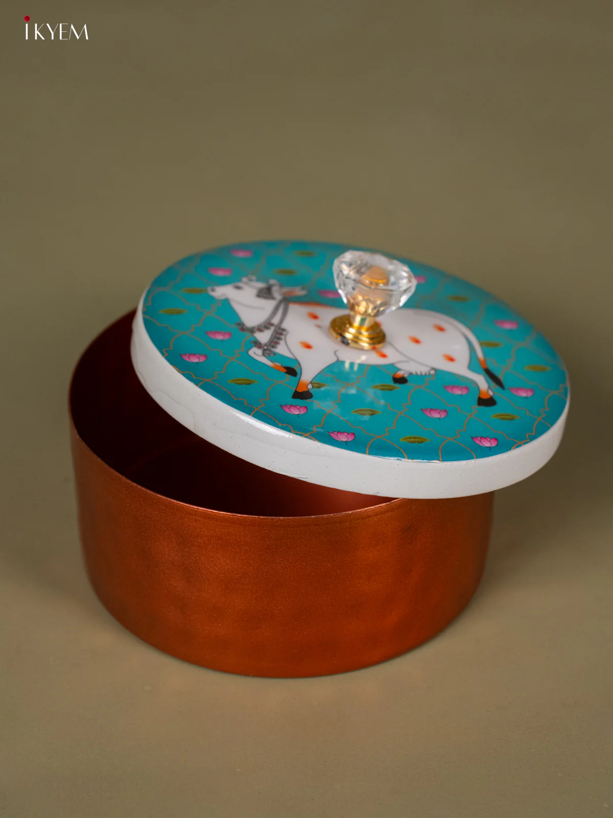 Digital Printed Round Copper Dry Fruit Box - Cow - Teal Blue- KH25111 - Image 3