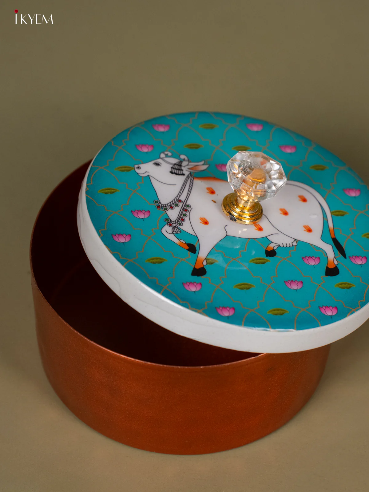 Digital Printed Round Copper Dry Fruit Box - Cow - Teal Blue- KH25111 - Image 4