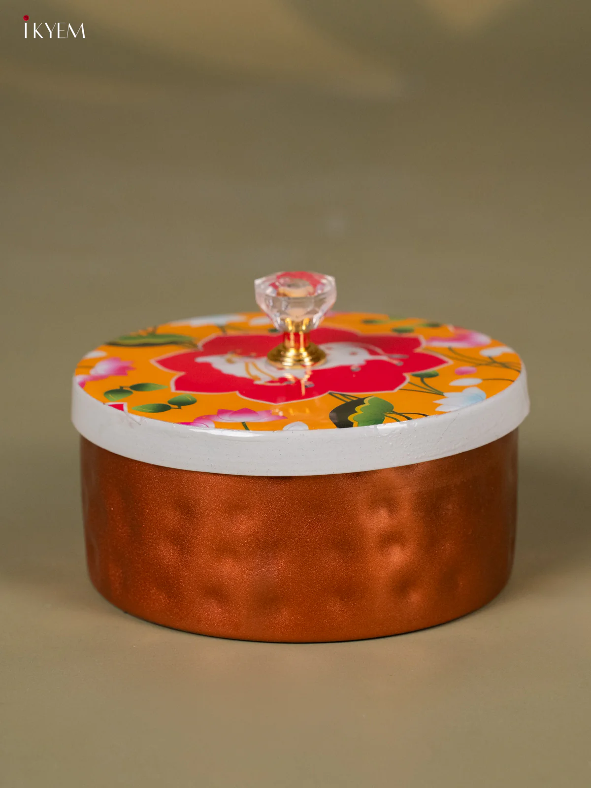 Digital Printed Round Copper Dry Fruit Box - Cow - Yellow - KH25112