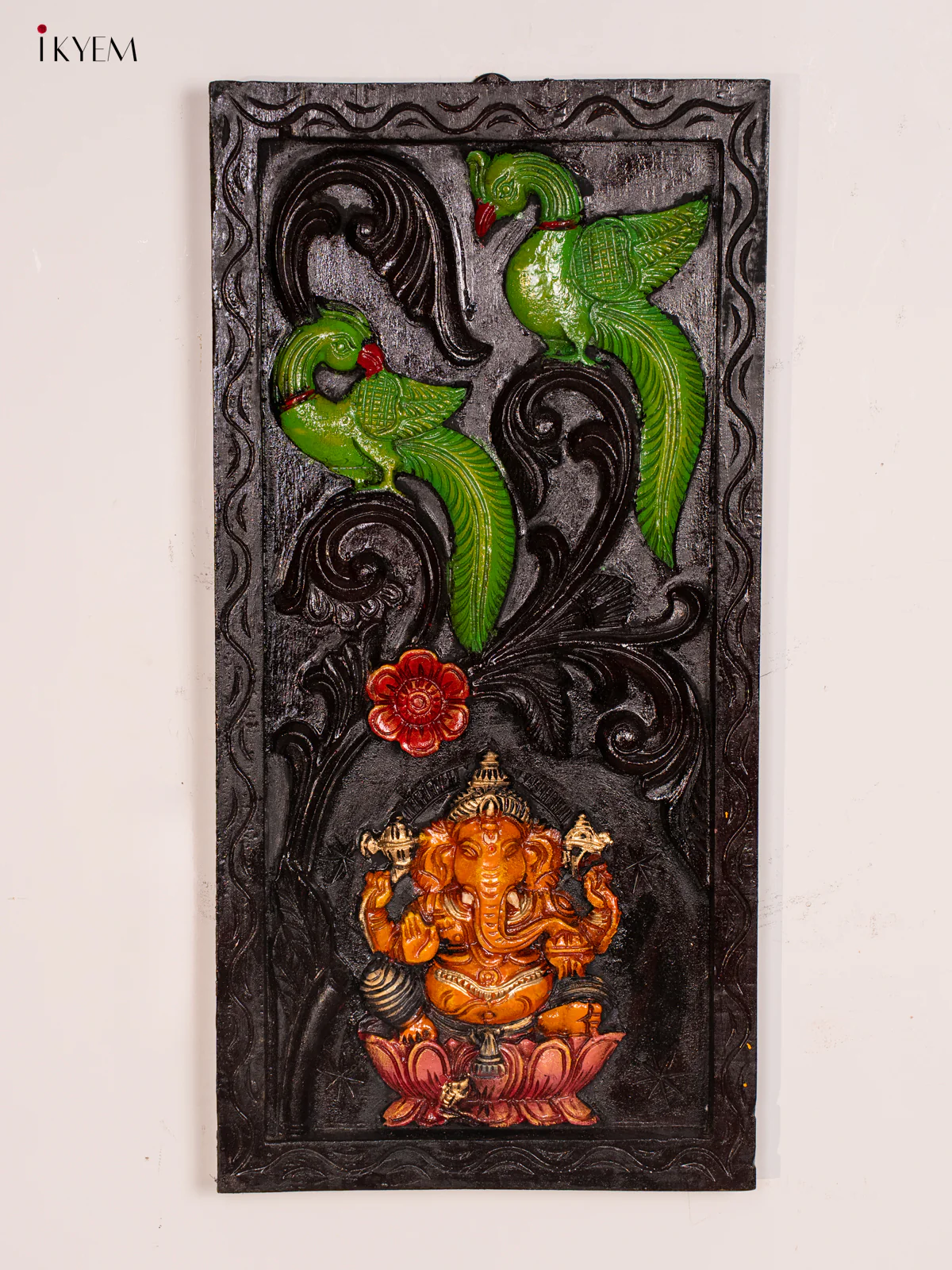 Wooden Hand Carved Painted Ganesha with Parrot Frame - KH30113