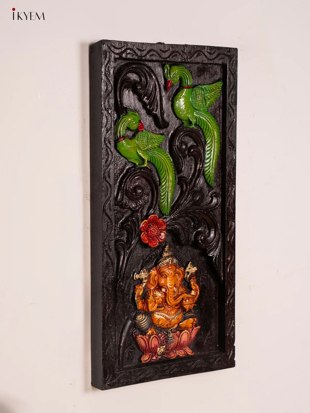 Wooden Hand Carved Painted Ganesha with Parrot Frame - KH30113 - Image 2