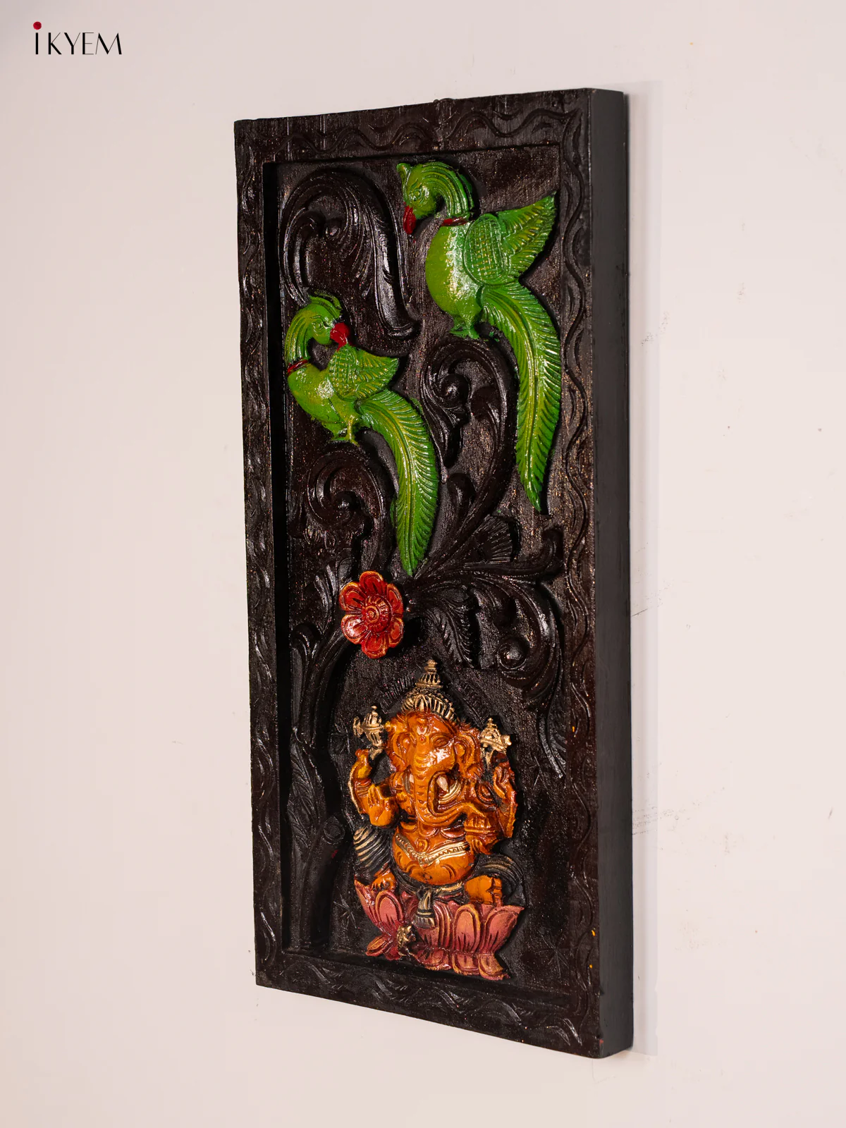 Wooden Hand Carved Painted Ganesha with Parrot Frame - KH30113 - Image 5
