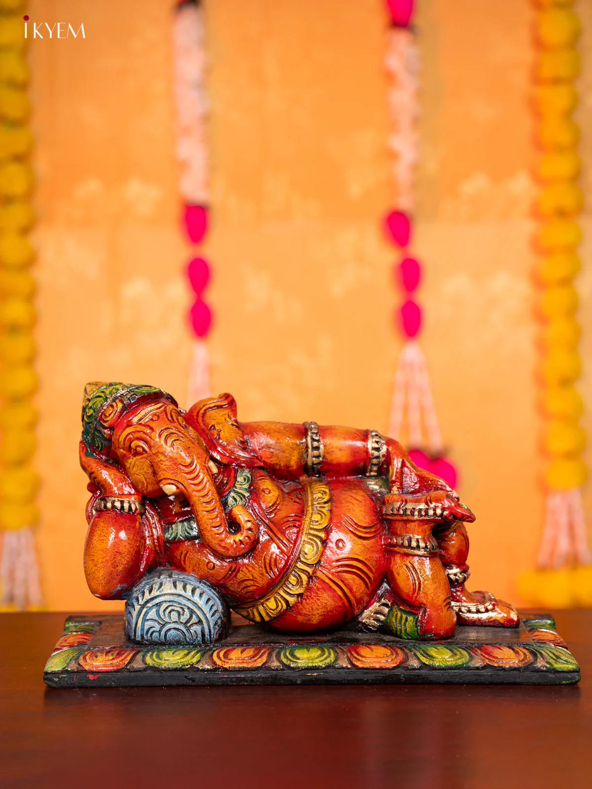 Wooden Hand Carved Painted Sleeping Ganesha Statue - KH30122