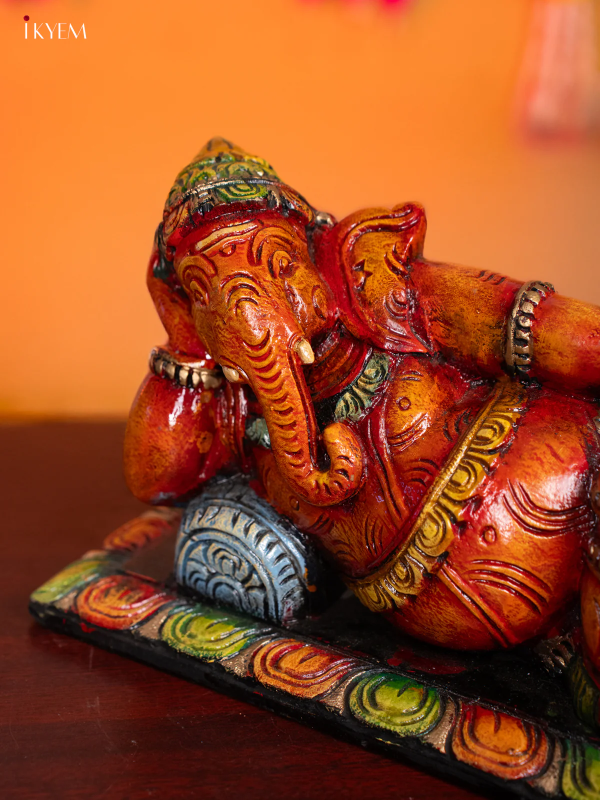 Wooden Hand Carved Painted Sleeping Ganesha Statue - KH30122 - Image 3