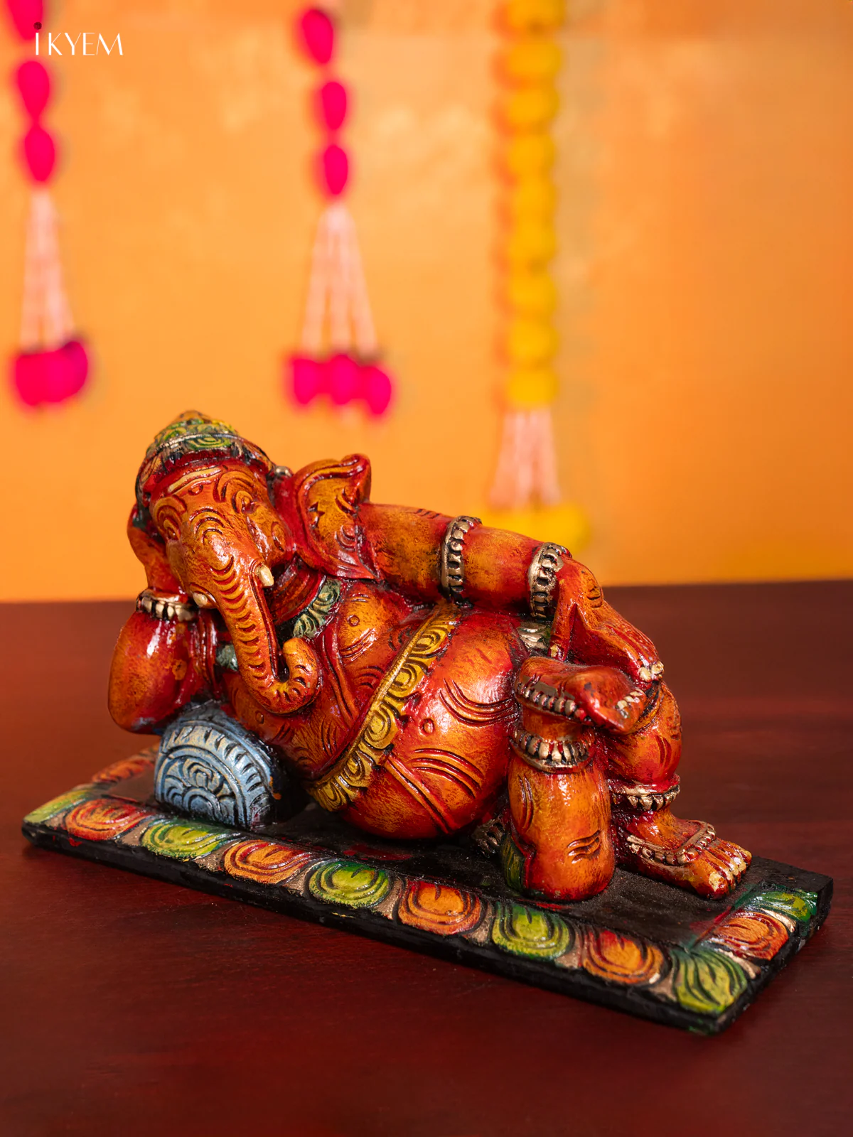 Wooden Hand Carved Painted Sleeping Ganesha Statue - KH30122 - Image 4