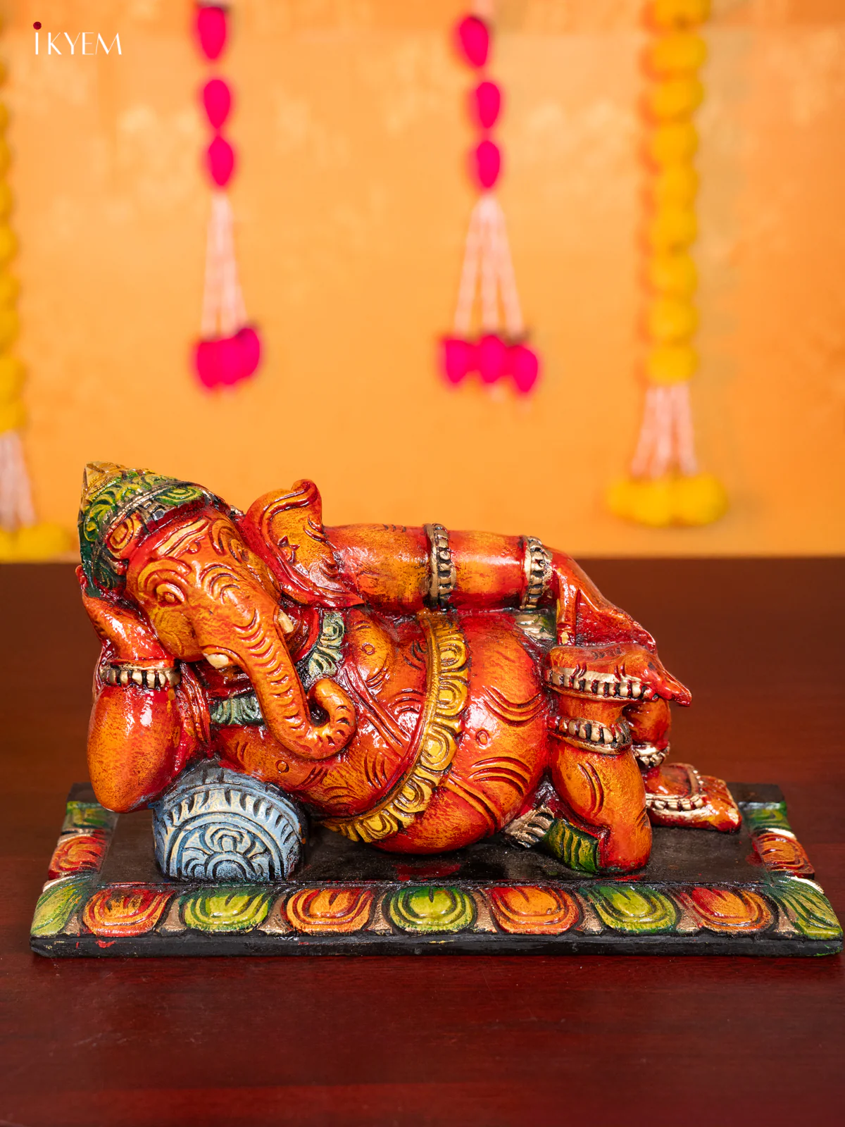 Wooden Hand Carved Painted Sleeping Ganesha Statue - KH30122 - Image 5