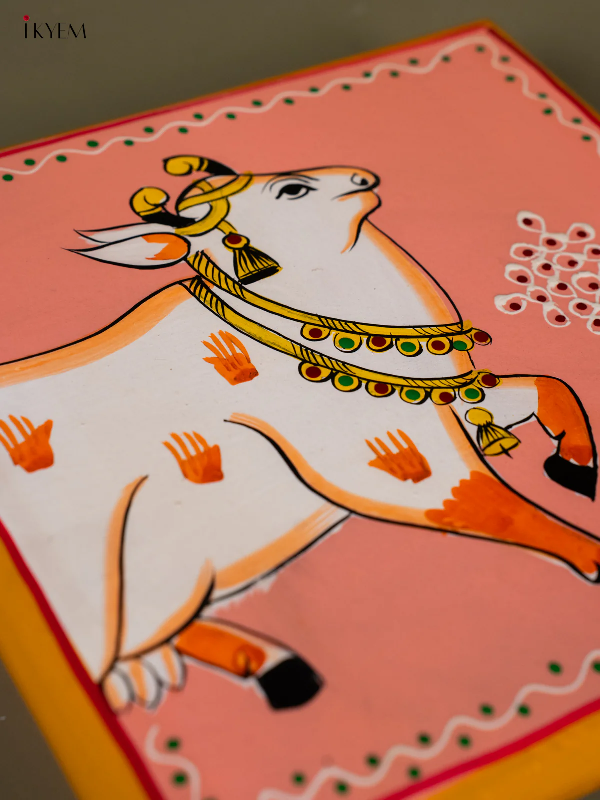 Cow Hand-Painted Wooden Chowki - (8×8) Inches - KH30128 - Image 3