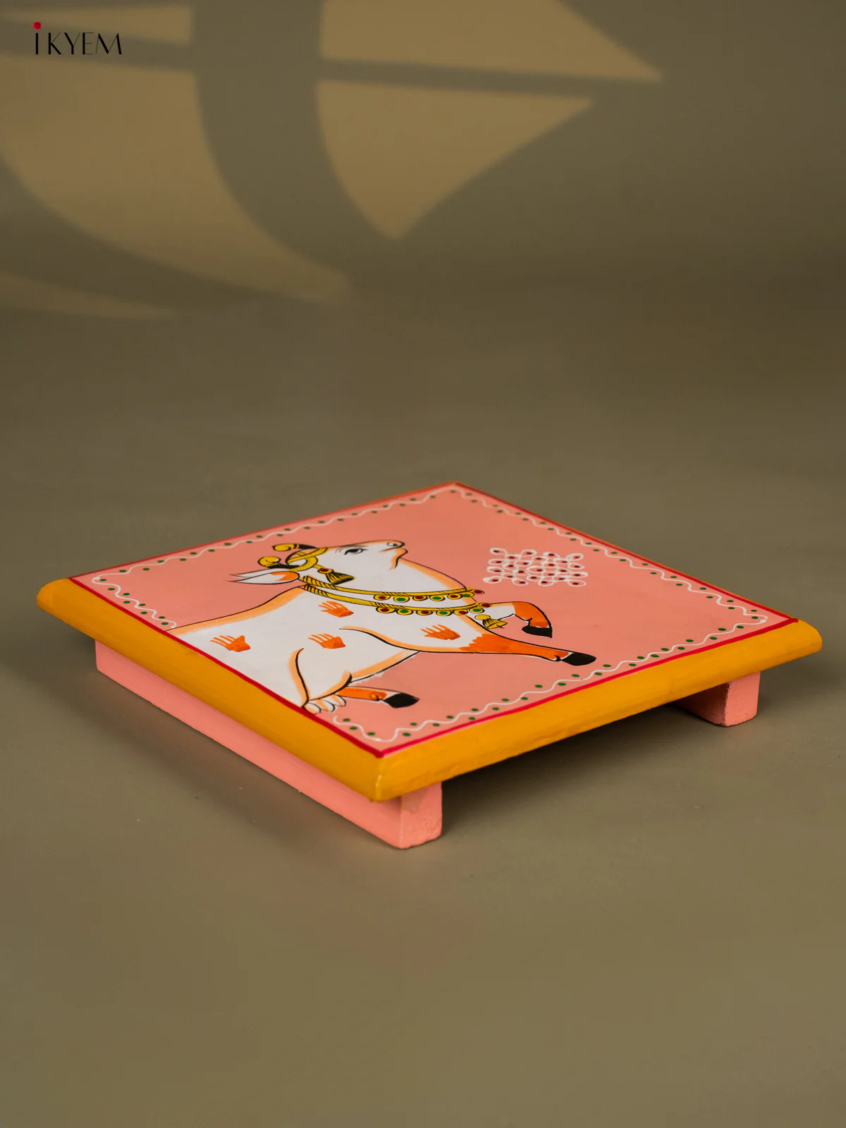Cow Hand-Painted Wooden Chowki - (8×8) Inches - KH30128 - Image 4