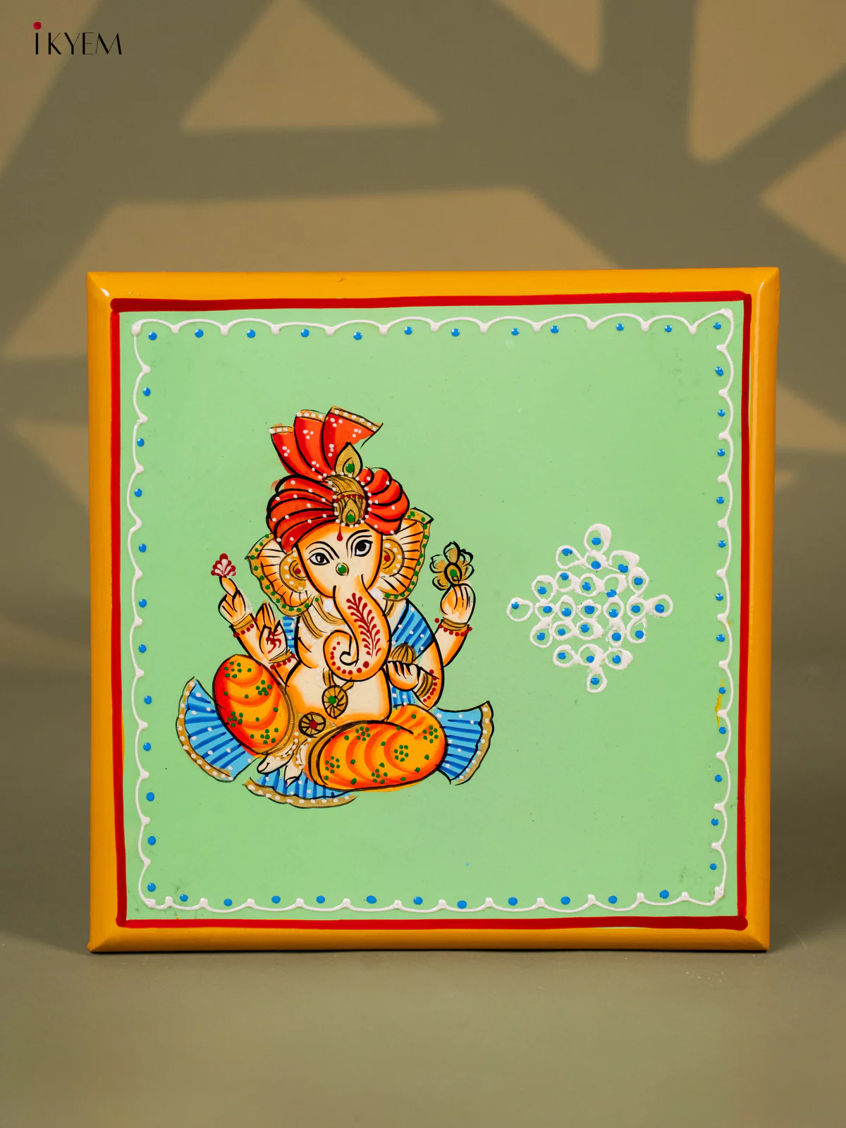 Ganesha Hand-Painted Wooden Chowki - (8×8) Inches - KH30130
