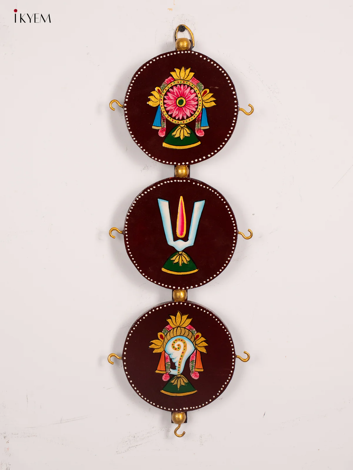 Brown Hand-Painted Wooden Sangu Chakram Namam Wall Hanging - 18 Inches - KH30131