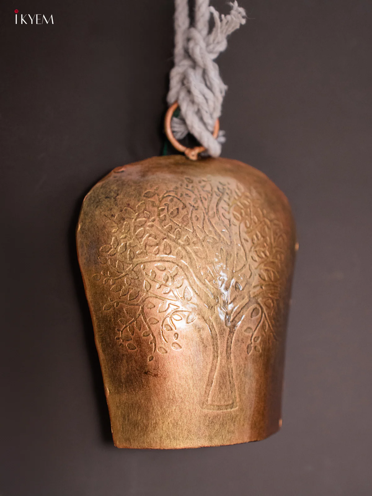 Metal Cow Bell with Tree Engraving & Rope Handle - Copper- KH30132 - Image 3