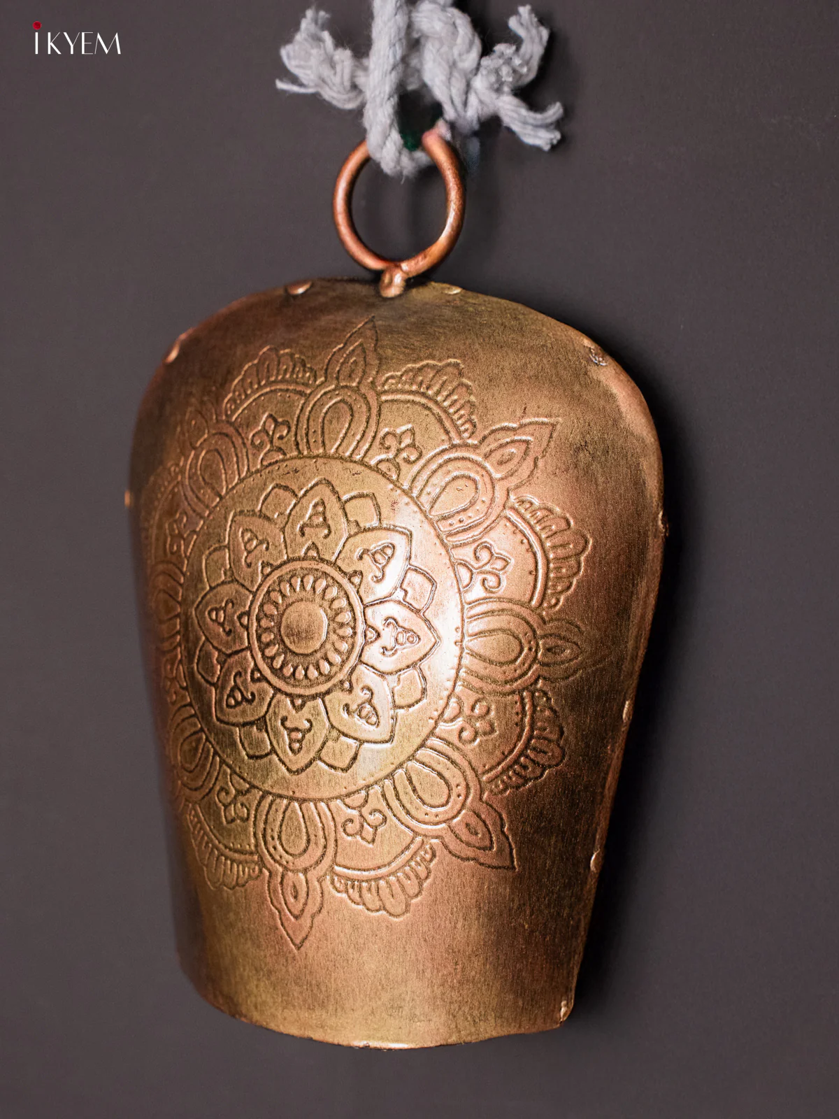Metal Cow Bell with Rangoli Engraving & Rope Handle - Copper - KH30133 - Image 3