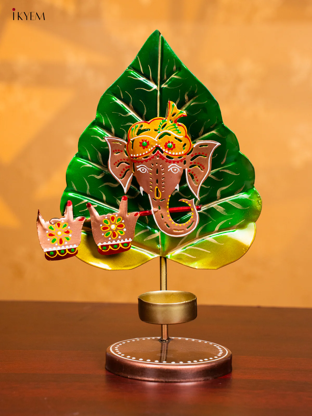 Hand-Painted Leaf Ganesha Metal T-Light Candle Holder - 9.5 Inches - KH30134