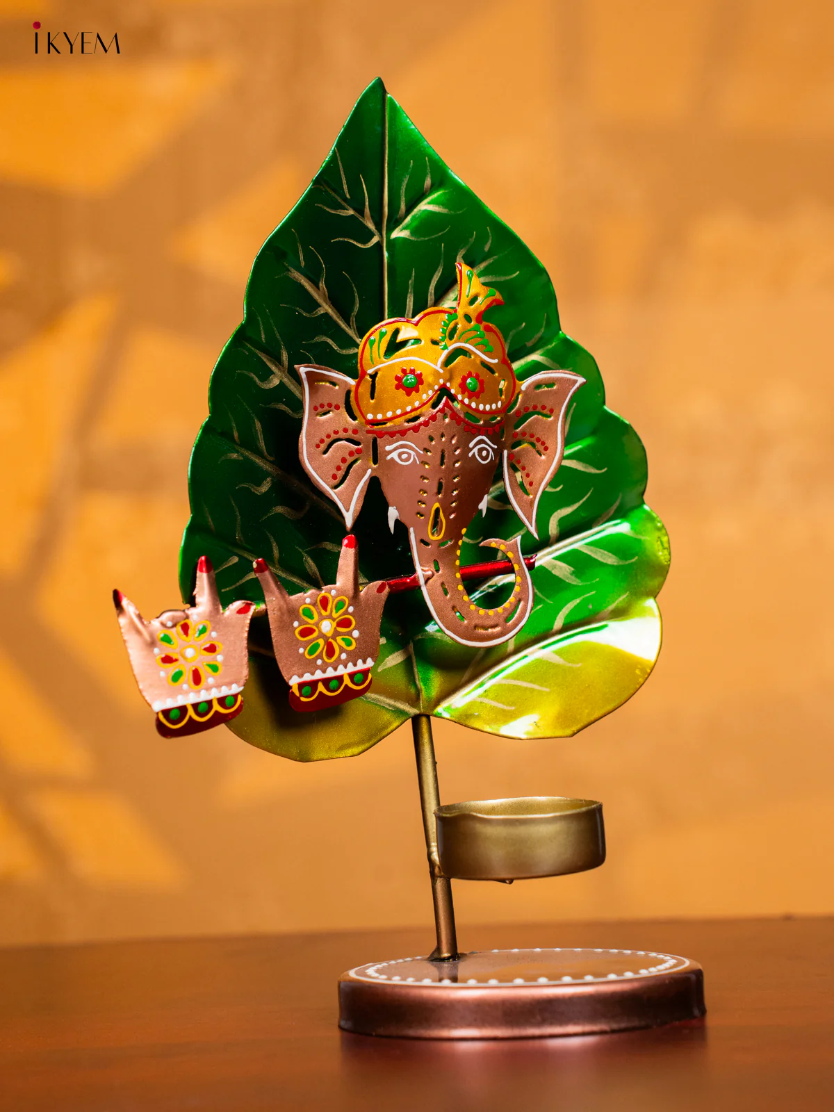 Hand-Painted Leaf Ganesha Metal T-Light Candle Holder - 9.5 Inches - KH30134 - Image 2