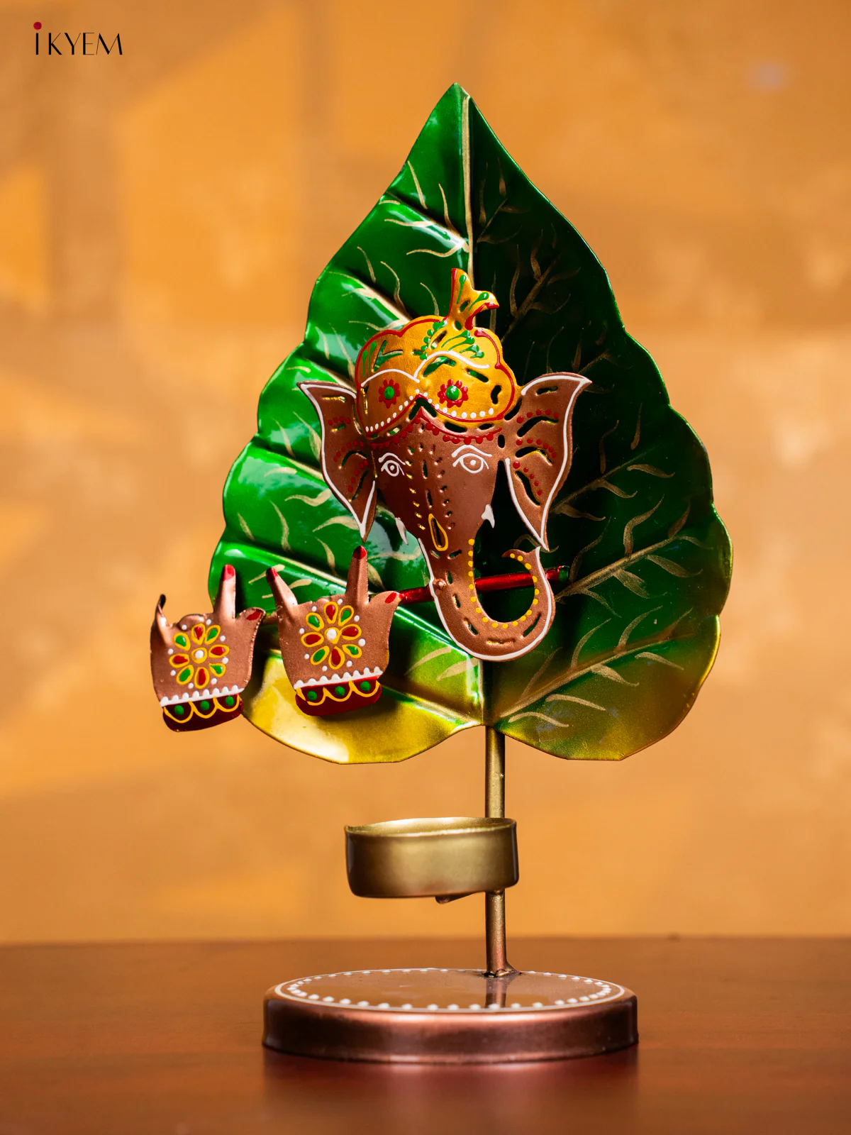 Hand-Painted Leaf Ganesha Metal T-Light Candle Holder - 9.5 Inches - KH30134 - Image 4