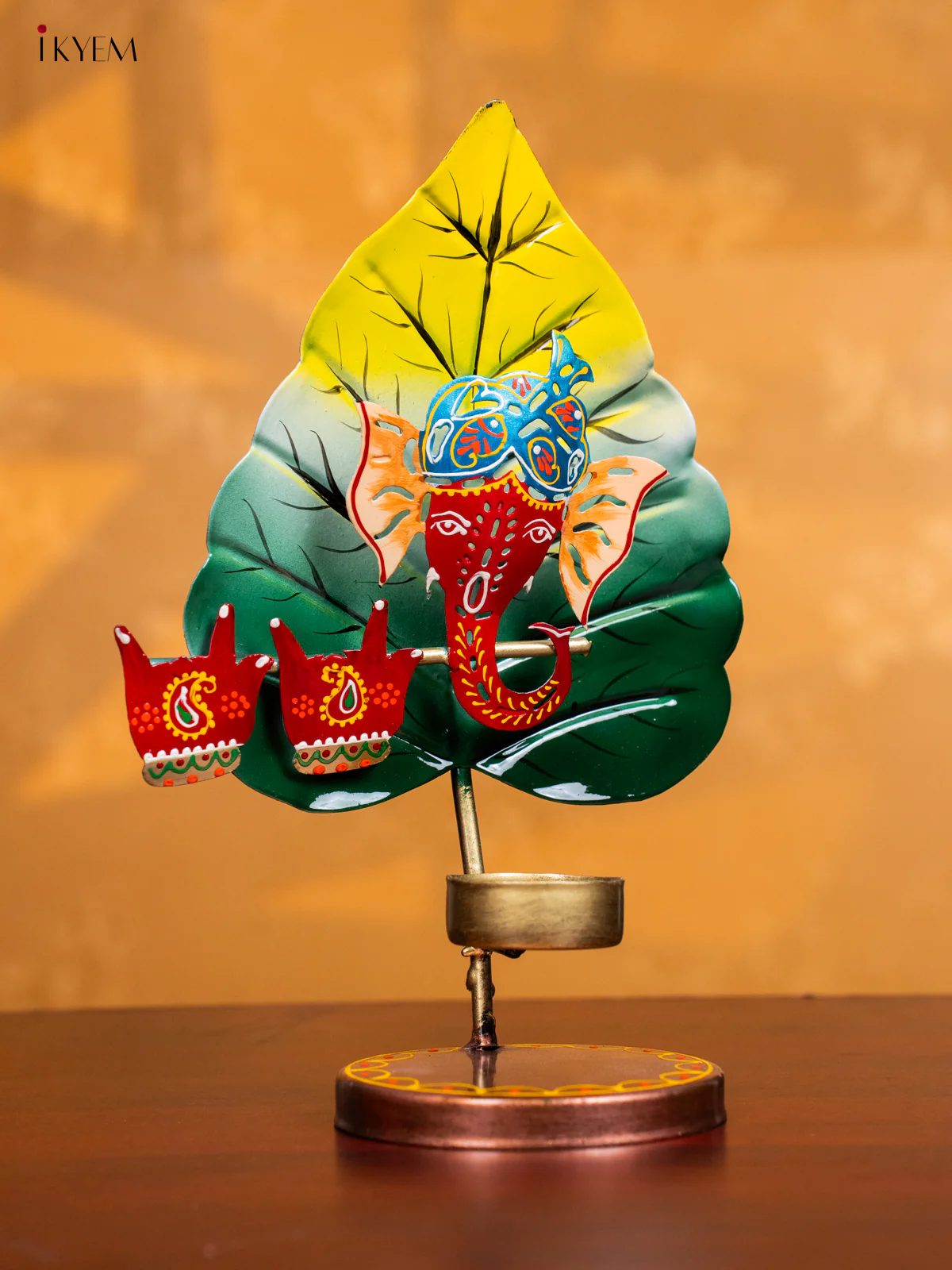 Metal Hand painted Leaf Ganesha T - Light Candle Holder - Red - KH30135 - Image 2