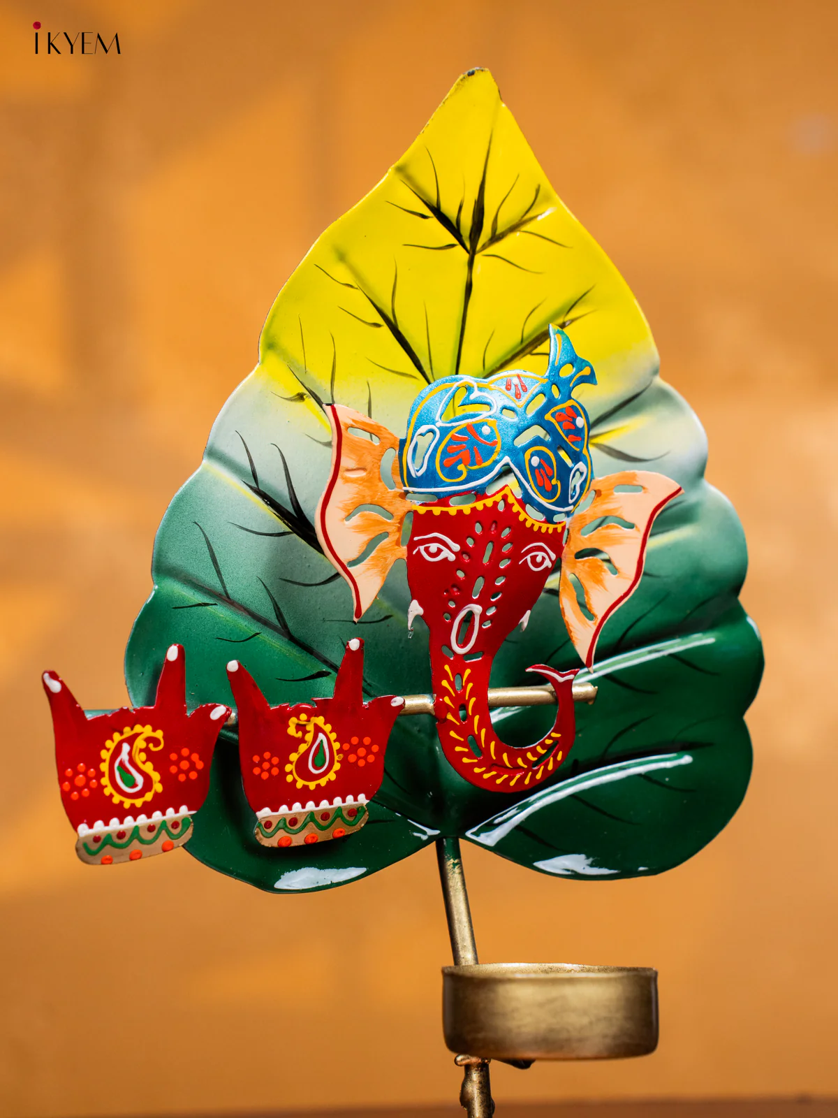 Metal Hand painted Leaf Ganesha T - Light Candle Holder - Red - KH30135 - Image 3