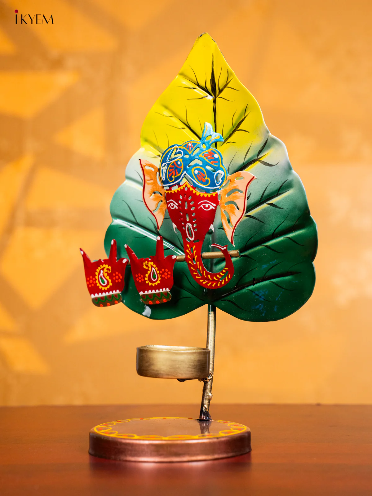 Metal Hand painted Leaf Ganesha T - Light Candle Holder - Red - KH30135 - Image 4