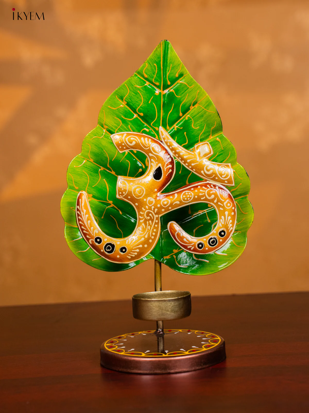 Metal Hand painted Leaf OM T - Light Candle Holder - Golden - KH30137