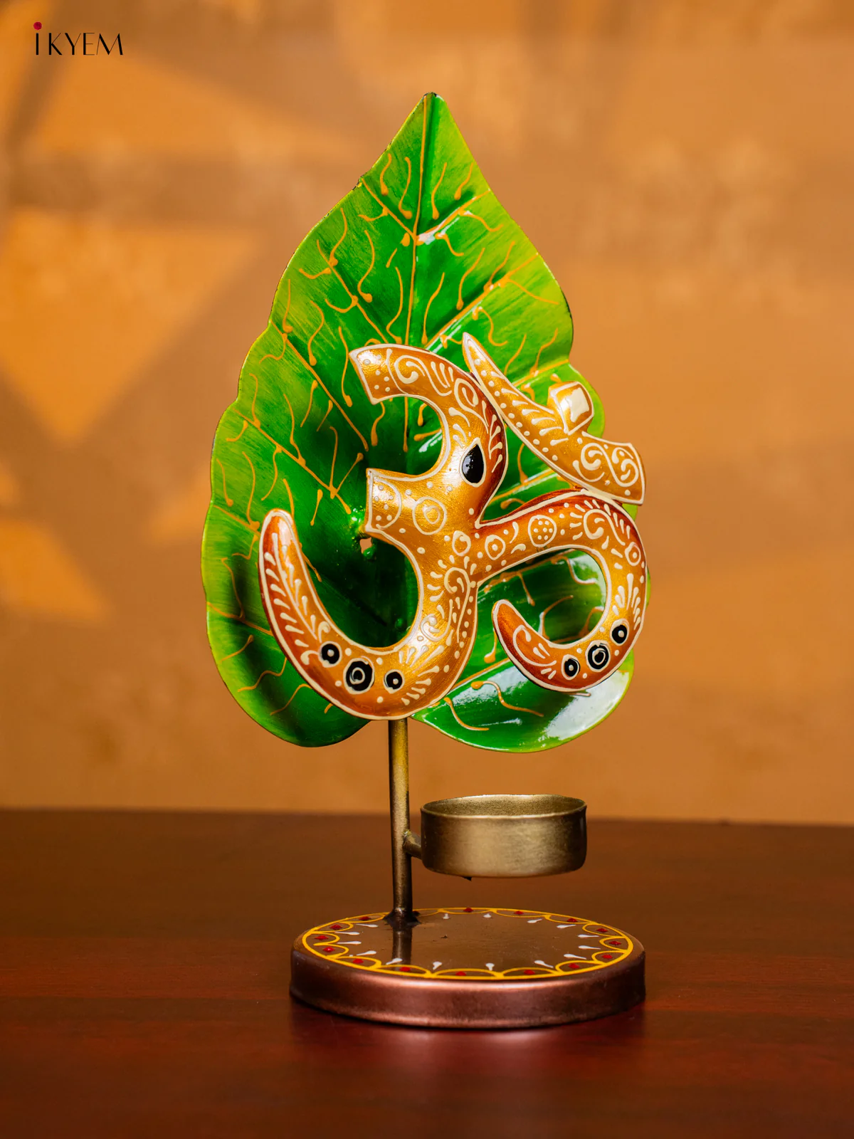 Metal Hand painted Leaf OM T - Light Candle Holder - Golden - KH30137 - Image 2