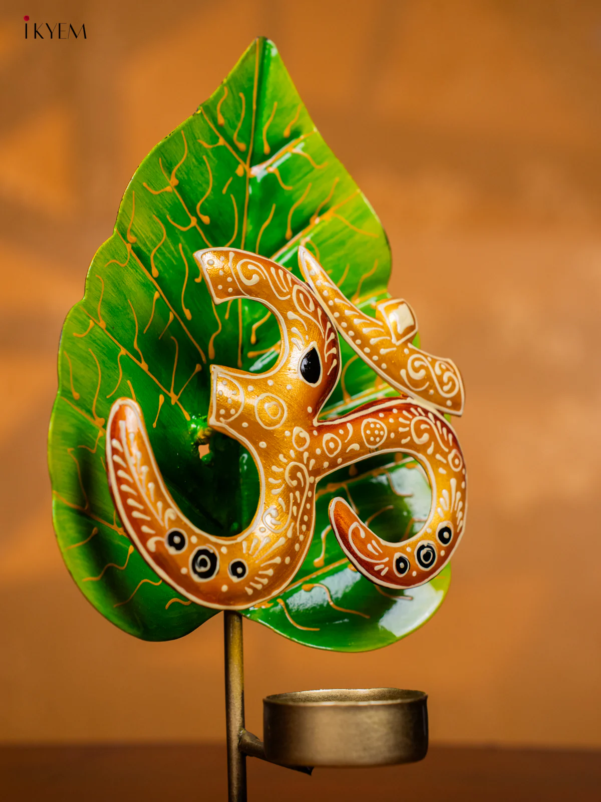 Metal Hand painted Leaf OM T - Light Candle Holder - Golden - KH30137 - Image 3