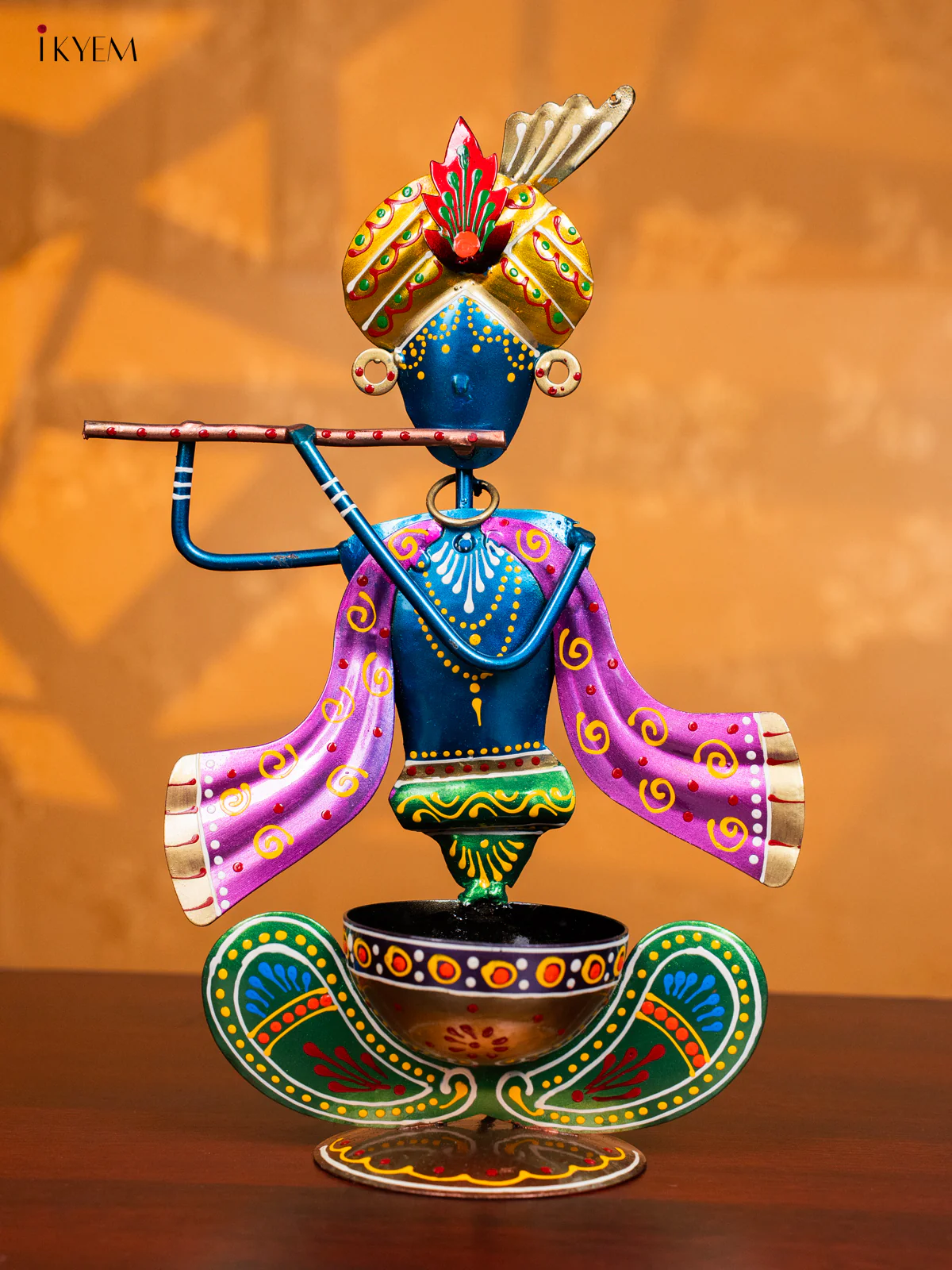 Metal Hand Painted Krishna Candle Holder - Green - KH30138