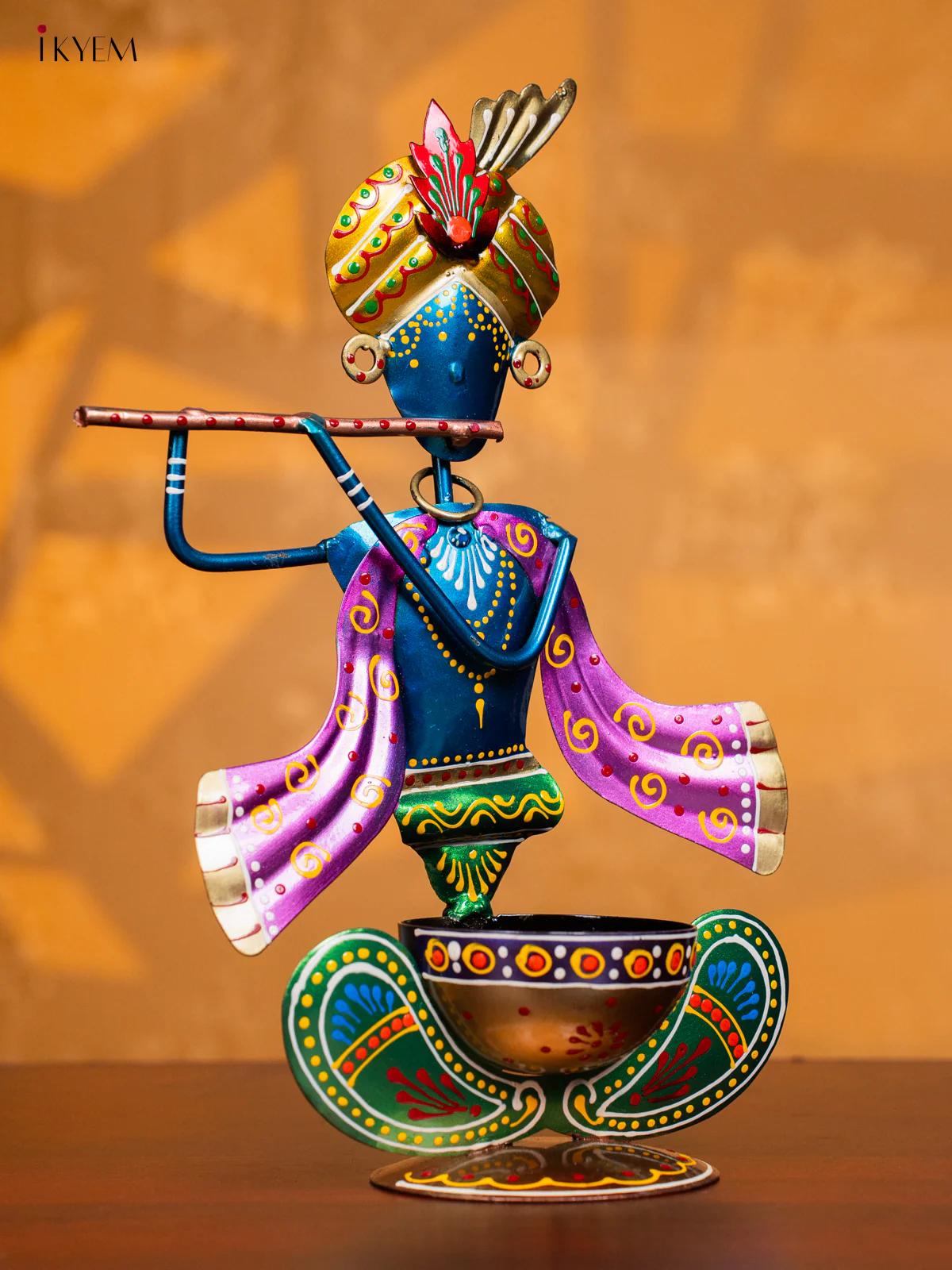 Metal Hand Painted Krishna Candle Holder - Green - KH30138 - Image 2
