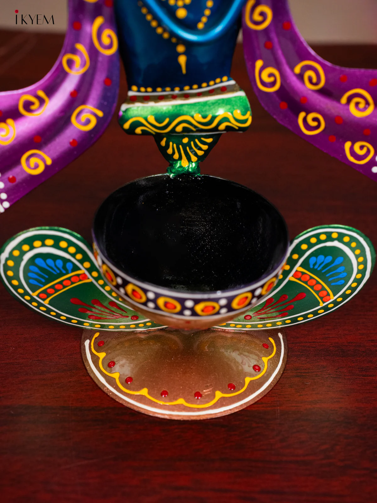 Metal Hand Painted Krishna Candle Holder - Green - KH30138 - Image 3