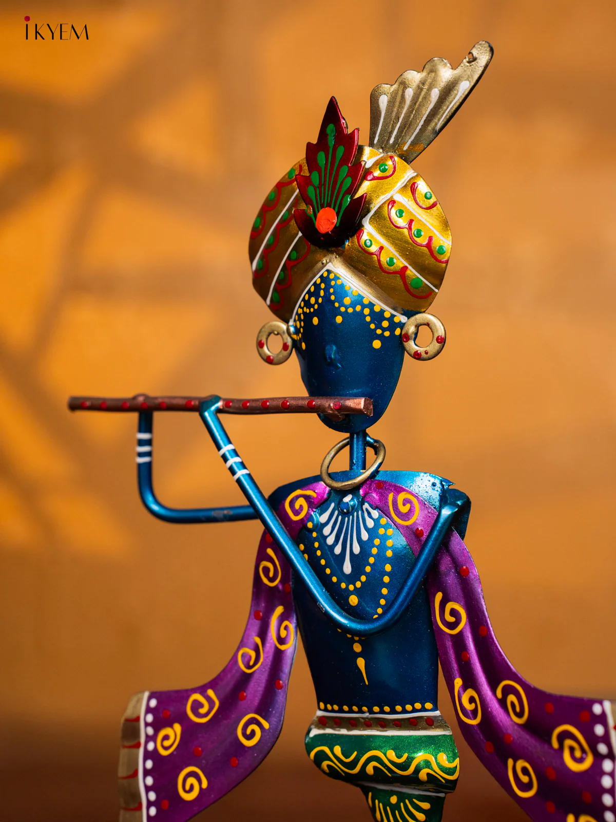 Metal Hand Painted Krishna Candle Holder - Green - KH30138 - Image 4