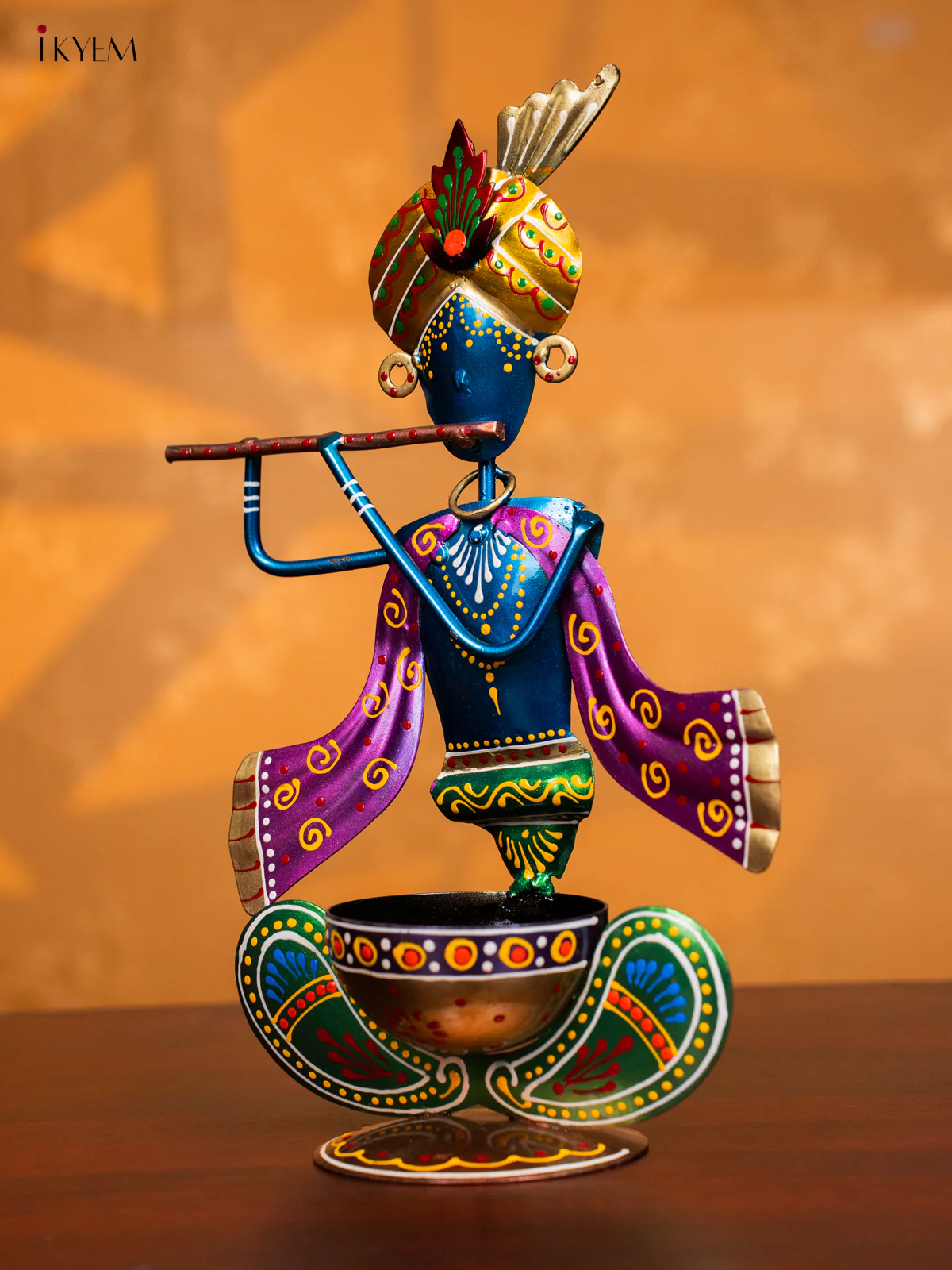 Metal Hand Painted Krishna Candle Holder - Green - KH30138 - Image 5