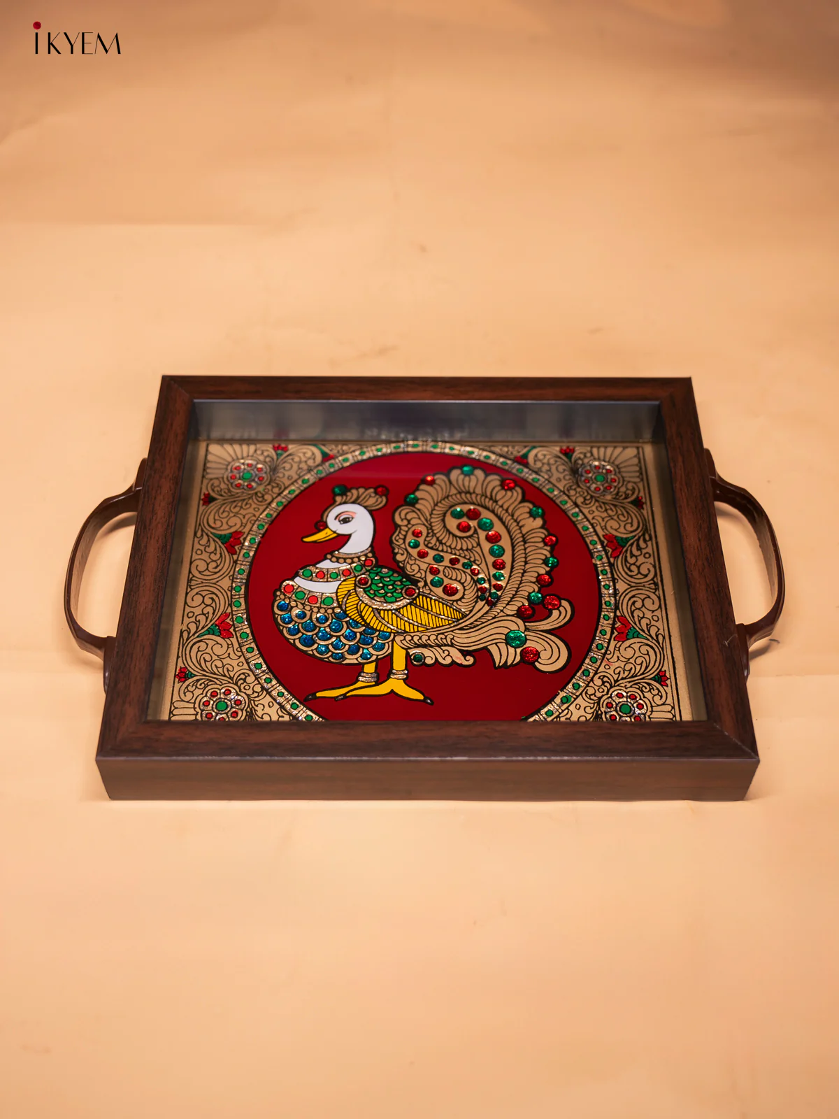 Reverse Glass Painted Tray (9x7) - Annapakshi - Maroon - KI02114 - Image 3
