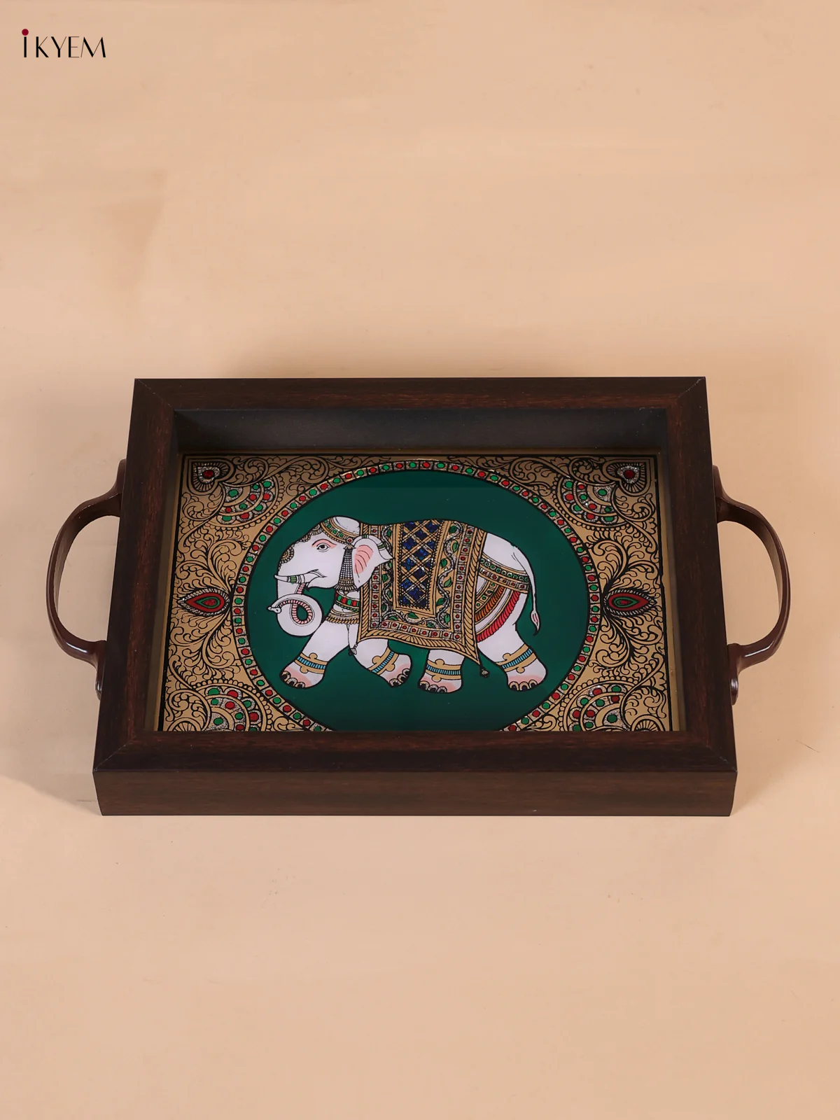 Reverse Glass Painted Tray (9x7) - Elephant - Green - KI02116