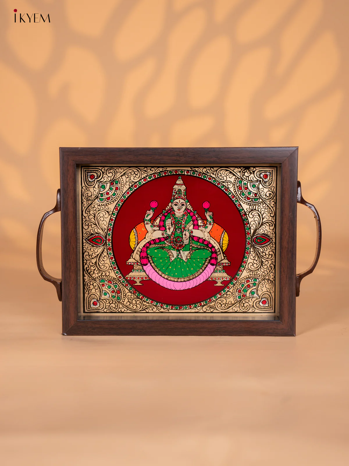 Reverse Glass Painted Tray (9x7) - Lakshmi - Maroon - KI02118