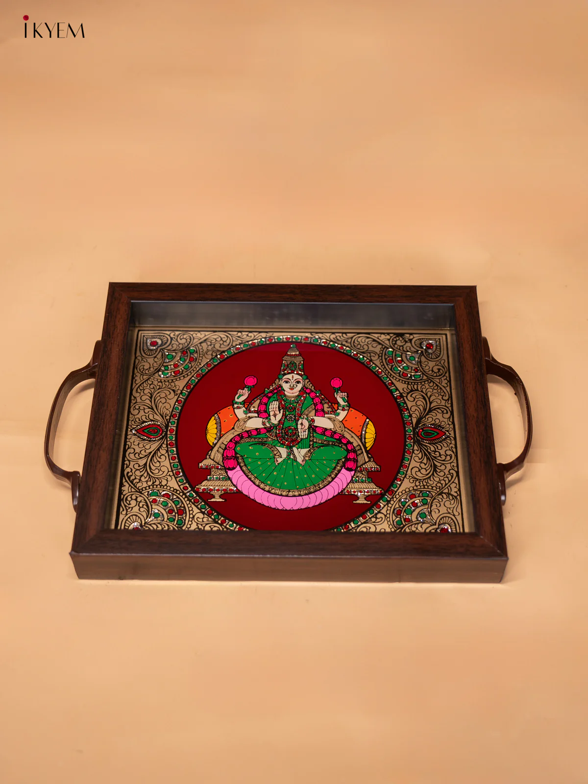 Reverse Glass Painted Tray (9x7) - Lakshmi - Maroon - KI02118 - Image 3