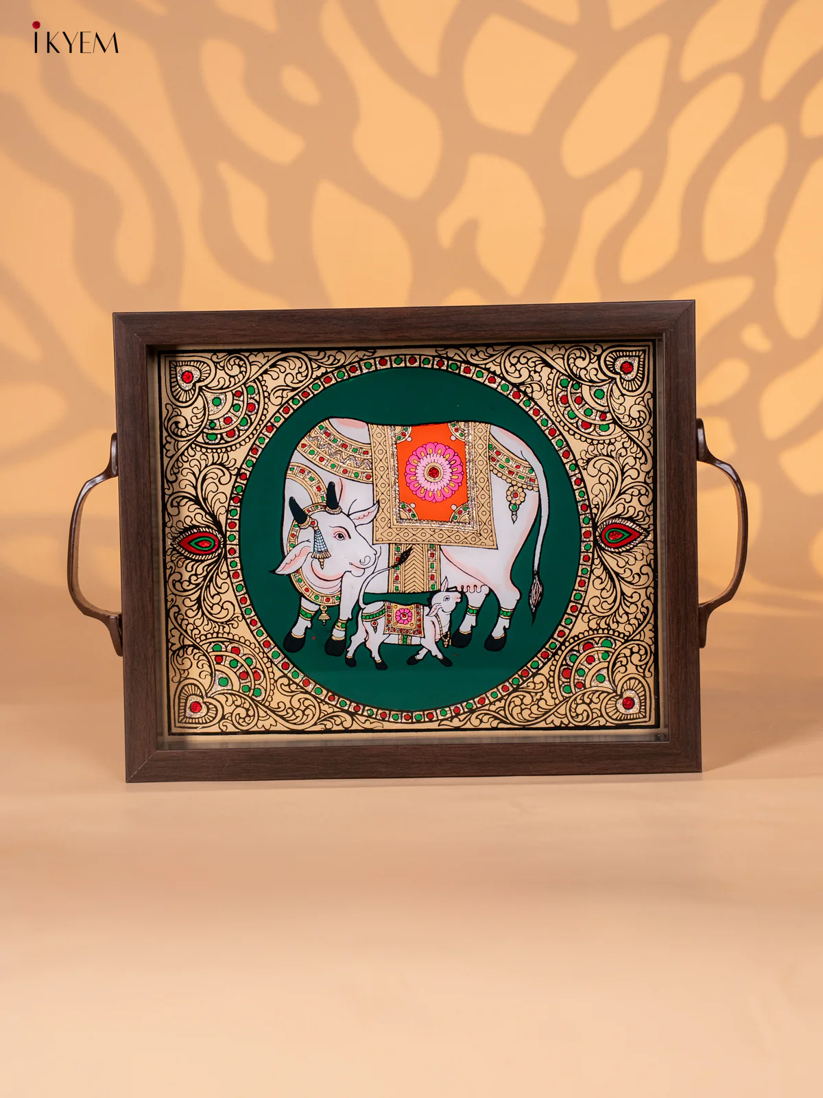 Reverse Glass Painted Tray (11x9) - Cow & Calf - Green - KI02119