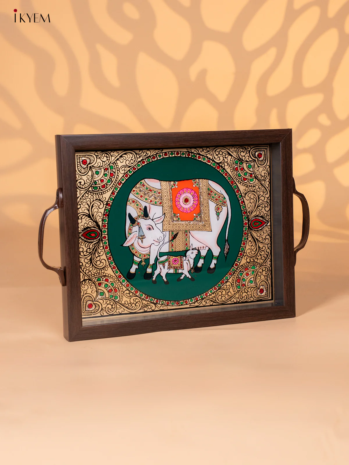 Reverse Glass Painted Tray (11x9) - Cow & Calf - Green - KI02119 - Image 2